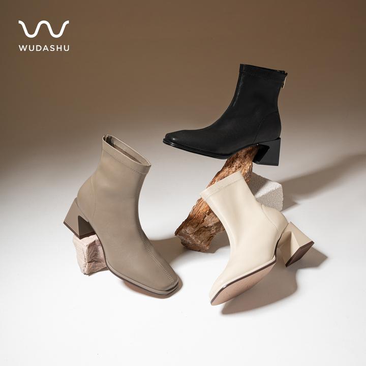 吴大叔红云鞋方头粗跟弹力瘦瘦靴女秋冬小羊皮踝靴大码短靴Z302