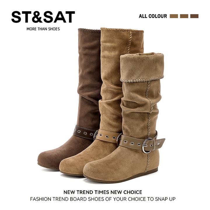 星期六平底皮带扣西部牛仔靴女秋季复古慵懒风高筒瘦瘦靴骑士长靴