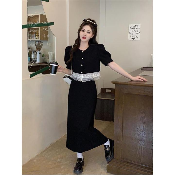 大码微胖mm显瘦法式小香风梨形身材夏季连衣裙子桔梗两件套装西装