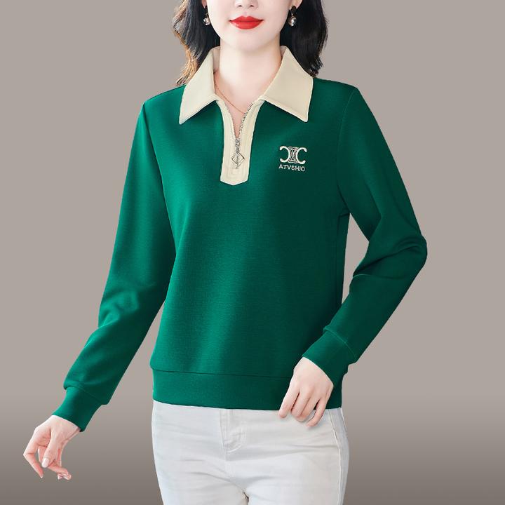 长袖卫衣女春秋时尚妈妈POLO衫宽松百搭休闲外套翻领拉链上衣大码