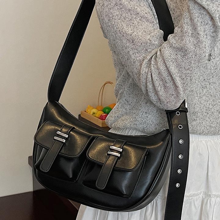 小众休闲软皮机车多口袋大容量斜挎托特包潮2025秋季新款单肩包女