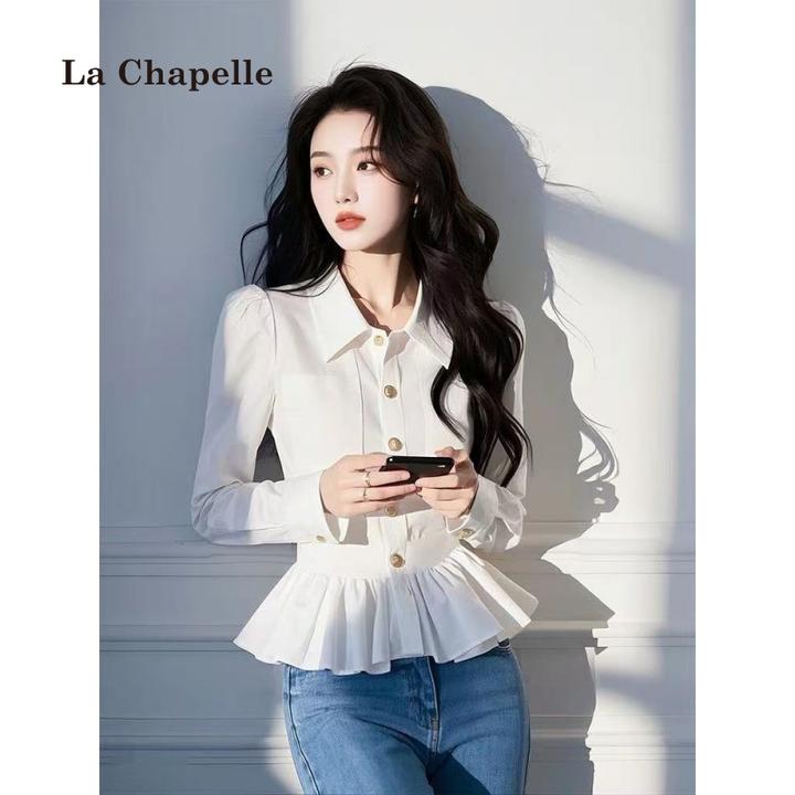 拉夏贝尔今年流行白色翻领衬衫女春秋季法式独特收腰显瘦内搭衬衣