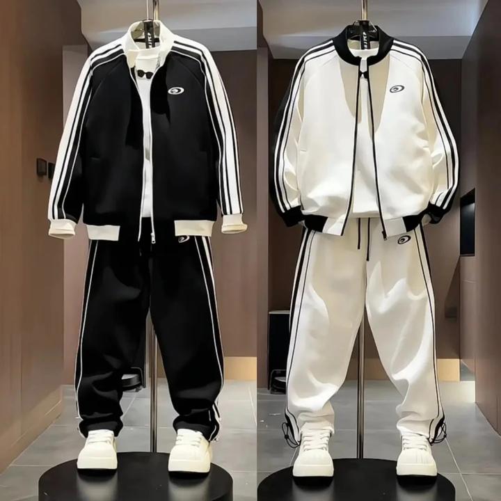 秋季美式复古侧条纹时尚撞色拼接立领卫衣+休闲裤两件套时尚套装
