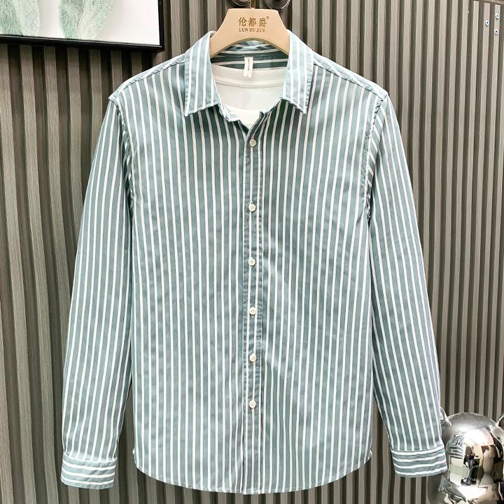 高端时尚男装经典竖条纹日系清新衬衫秋季宽松百搭高级感帅气上衣