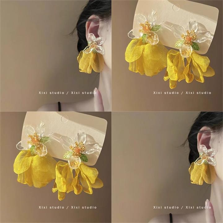 合金布艺耳饰 波波里晚风 超仙法式雪纺花朵流苏耳夹无耳洞耳饰女