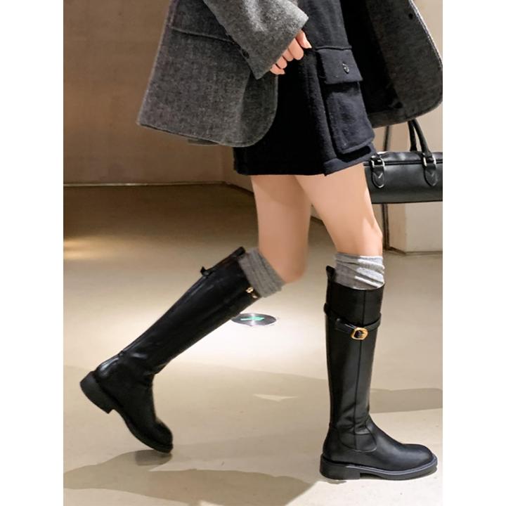 巨显瘦~真皮秋冬平底高筒靴皮带扣不过膝靴子女长筒靴丝袜骑士靴