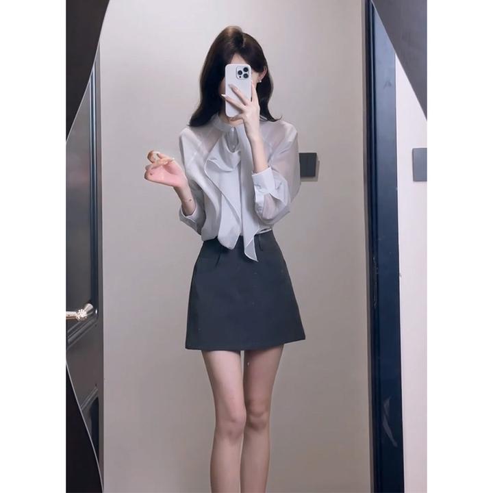 千金清冷感贵系衣服气质修身荷叶边长袖衬衫高腰显瘦A字半身裙