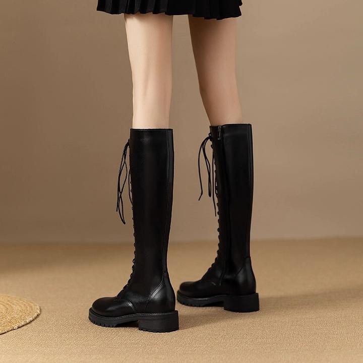 全牛皮圆头烟筒靴女2025秋冬新款粗跟长冬季加绒加厚皮靴