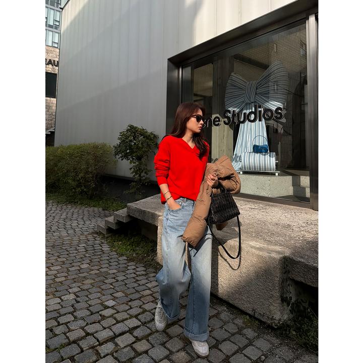 KEEP KAPU靠谱【首尔恋人】私服the*w100羊毛红色v领羊毛衣KP253202