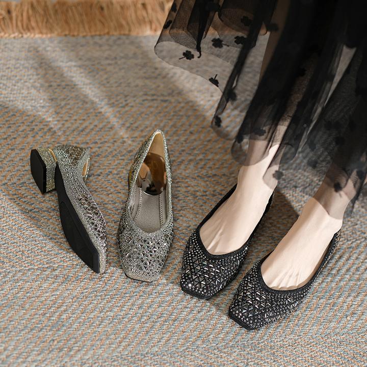 993-1 夏季新款方头水钻粗跟浅口百搭单鞋满钻气质低跟软底单鞋