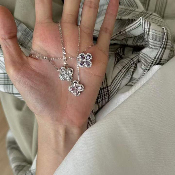 坠链均925银锆石 925纯银四叶草项链女镶钻锁骨链幸运草系列气质