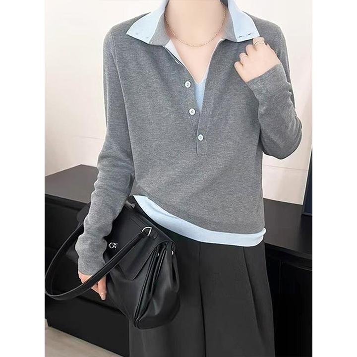 大码小众设计感撞色假两件翻领针织衫女秋季新款胖mm宽松百搭上衣