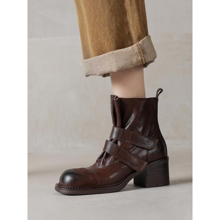 度卡奴英伦风复古棕色粗跟短靴女秋冬真皮靴子马丁靴高跟切尔西靴