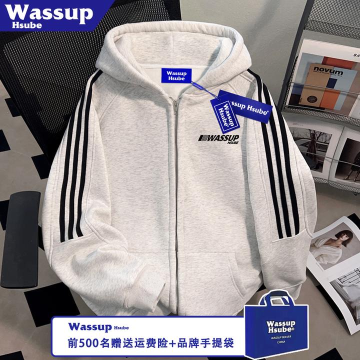 WASSUP HSUBE简约字母印花外套男女三条杠卫衣秋冬季拉链连帽开衫
