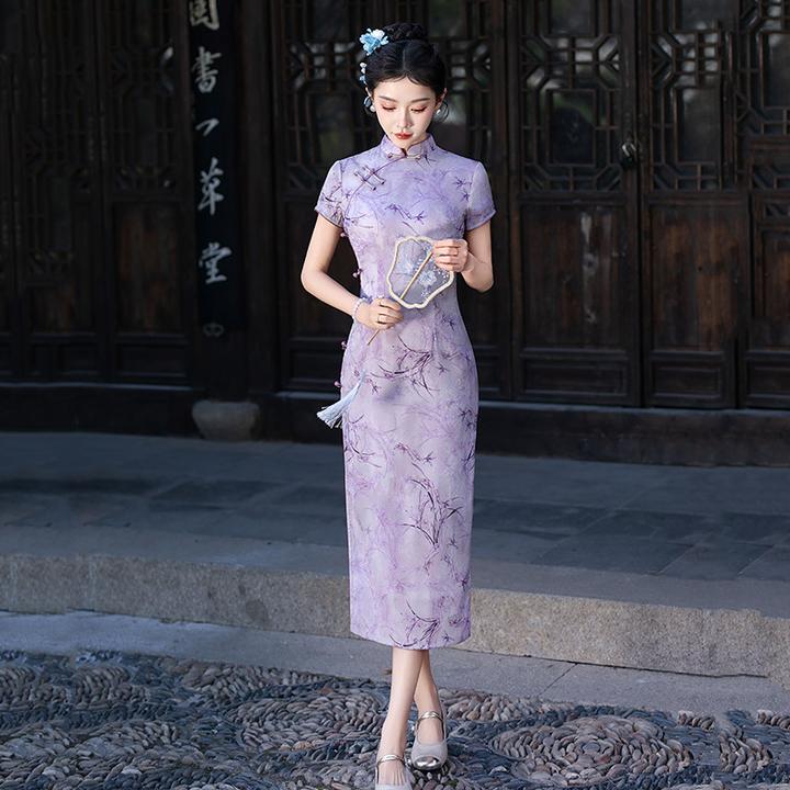 紫色国风长款中式旗袍改良年轻款2025新款女复古修身短袖走秀夏季