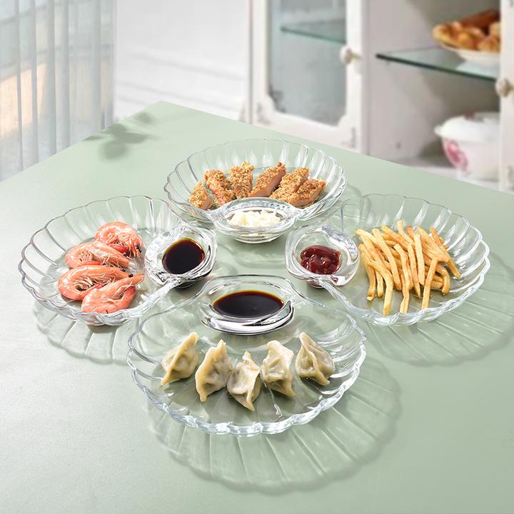 洛诺兔【2只装】玻璃饺子盘子带醋碟分格餐盘贝壳水饺专用盘水果盘