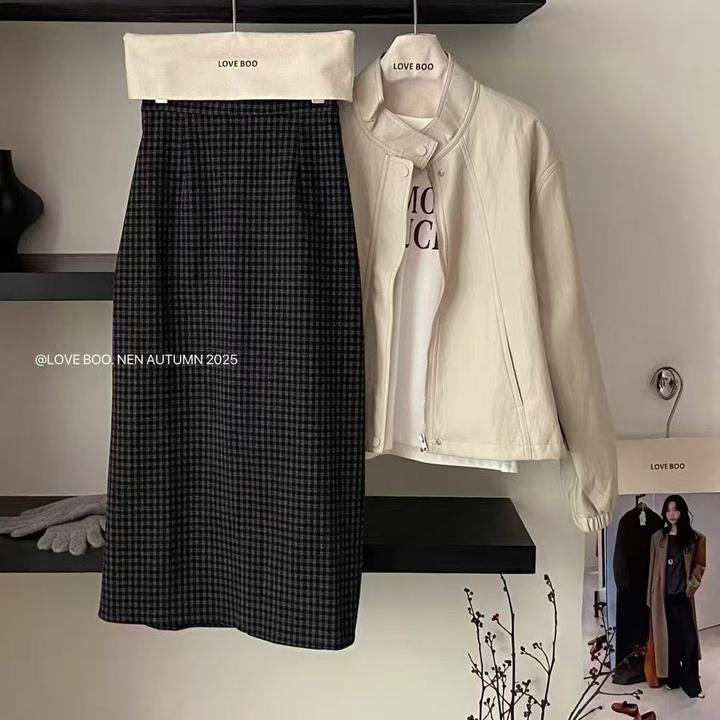 秋冬加厚高腰显瘦格子毛呢中长款一字半身裙