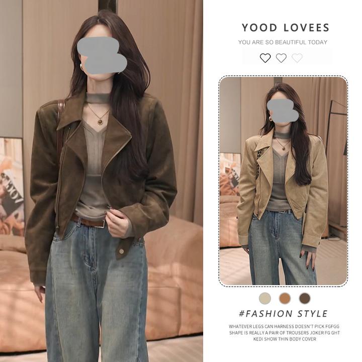 美式复古翻领短款外套女2025春秋新款高级感机车夹克小个子上衣潮