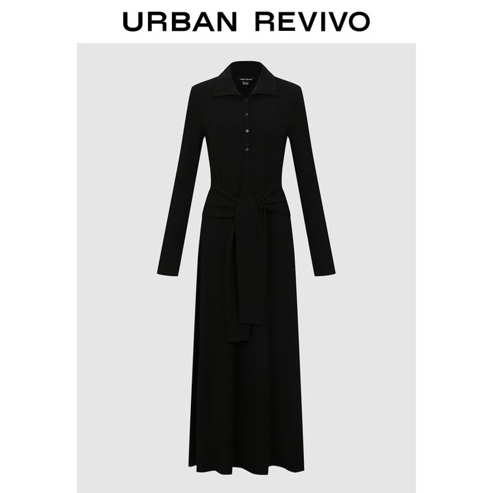 UR2026春季新款女休闲半开襟系带收腰连衣裙UWH750127+