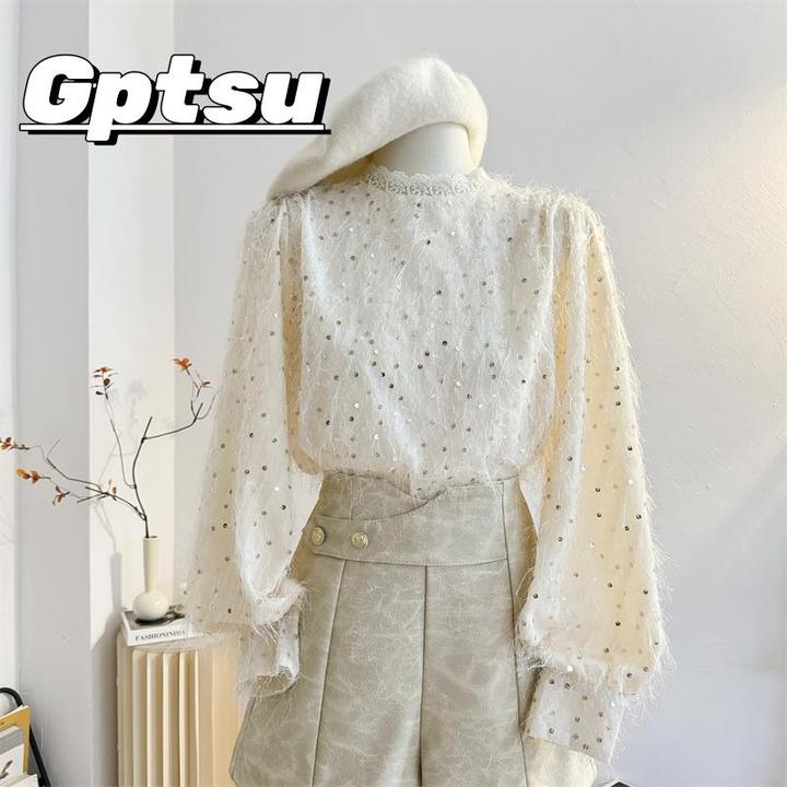 GPTSu花边立领流苏亮片蕾丝雪纺衫长袖衬衫女春秋季洋气小衫上衣