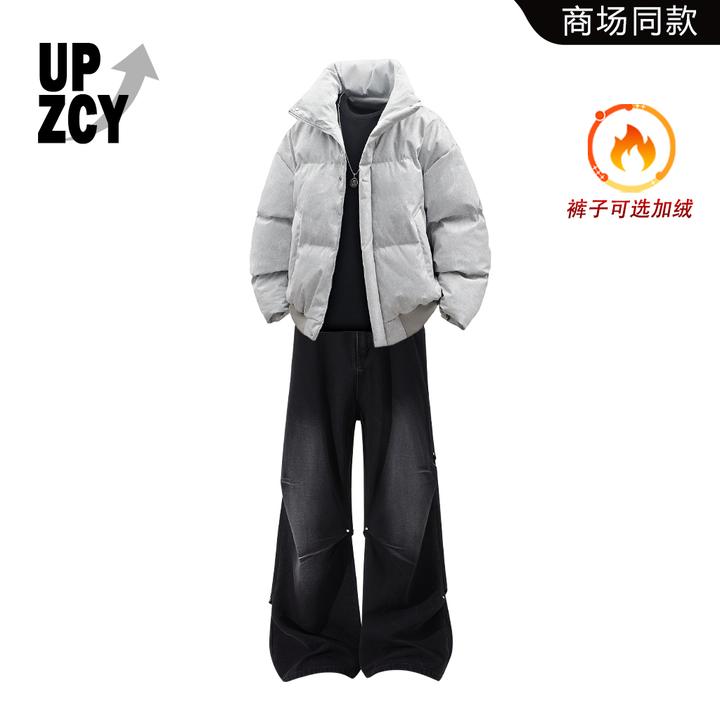 UPZCY美潮复古休闲宽松棉服冬季新款百搭加绒水洗铆钉牛仔裤套装