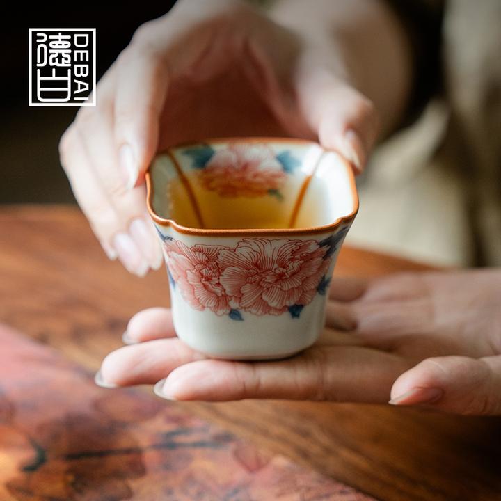 德白茶杯主人杯陶瓷汝窑芙蓉花品茗杯家用开片可养四方杯泡茶茶具