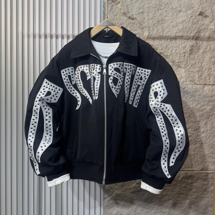欧美街头铆钉刺绣棉服外套男冬季潮牌宽松机车夹克加厚棉衣棒球服