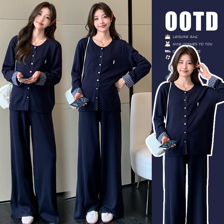 孕妇套装秋装新款时尚韩版休闲假两件拼接格子针织开衫显瘦阔腿裤