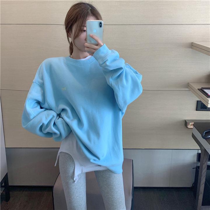 蓝色卫衣女春秋薄款2025年新款爆款秋冬季加绒加厚宽松中长款上衣