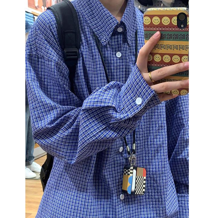春季美式复古经典格纹衬衣蓝色慵懒长袖衬衫男女百搭宽松格子外套