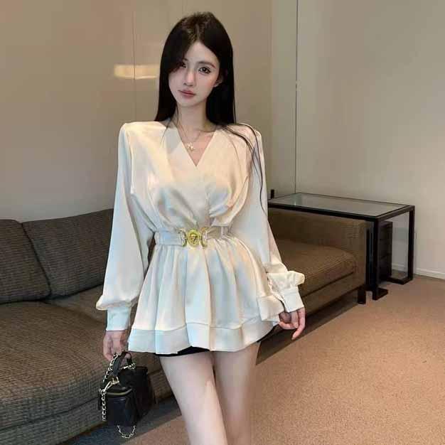 韩版高级感缎面V领衬衫女秋季新款时尚配腰带收腰显瘦上衣2038