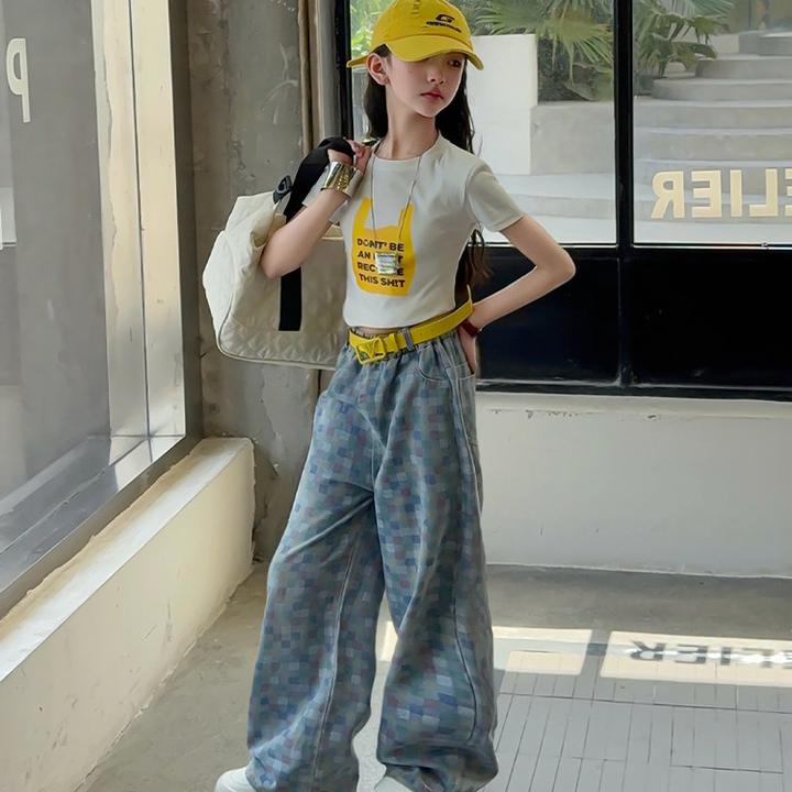 2025新款夏装女童洋气时髦套装女大童韩版运动薄款棋盘格两件套潮