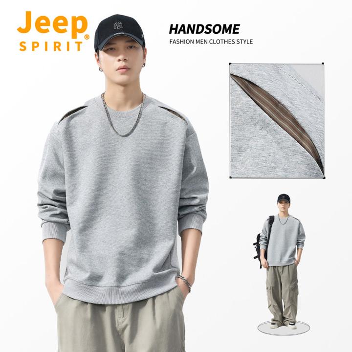 Jeep吉普秋季新品纯色简约长袖T恤男卫衣复古深色宽松设计感上衣