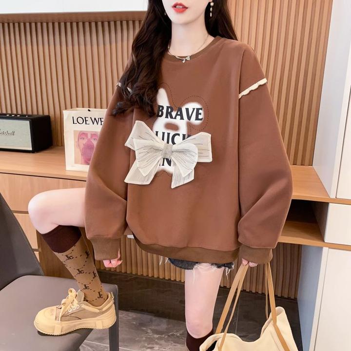 蝴蝶结时尚印花卫衣女春秋季爆款纯棉洋气学生韩版宽松大码女装潮