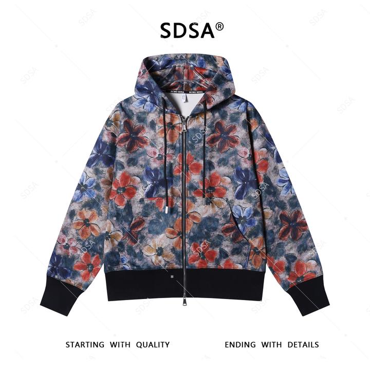 SDSA男士2025新款轻奢痞帅男装撞色花卉设计拉链连帽卫衣外套复古