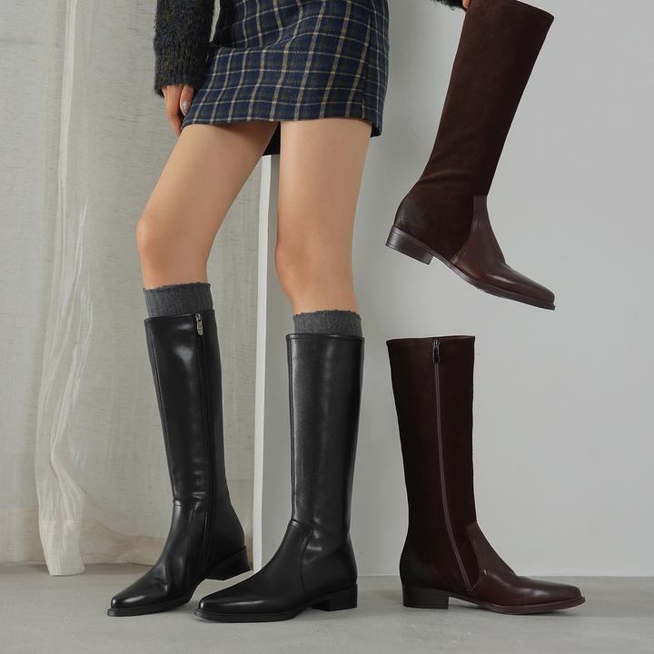 牛皮~3cm尖头长筒靴女真皮冬季新款长靴低跟高筒靴平底靴子骑士靴