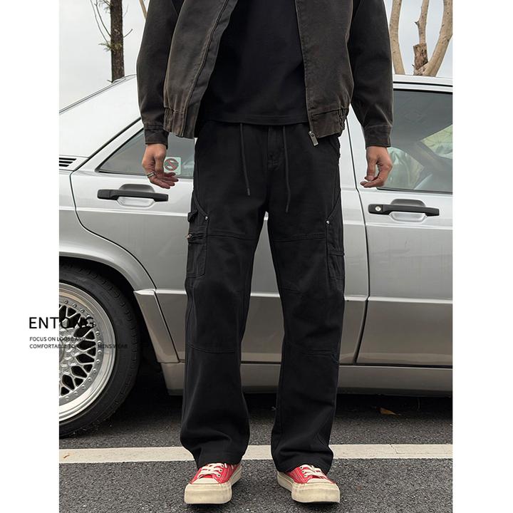 Entong美式复古重磅工装裤子男潮牌宽松阔腿水洗多口袋男士休闲裤