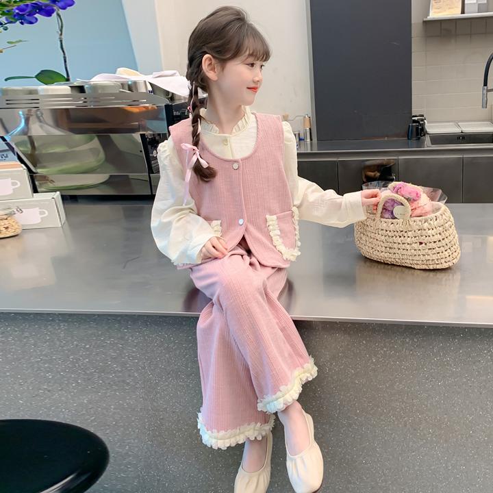 女童春装马甲三件套2025新款6-12岁中大童儿童洋气花边衬衫套装