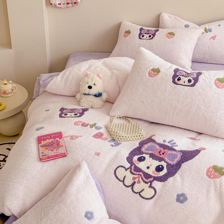 可爱卡通羊羔绒四件套牛奶绒珊瑚绒被套床单床笠床上用品三件套