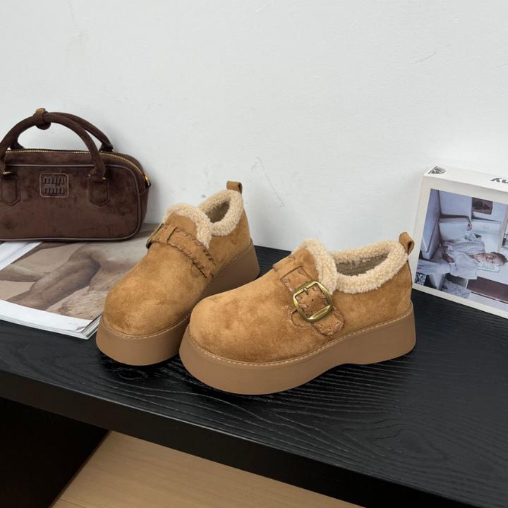 法式皮带扣设计加绒棉鞋女2025冬季新款时尚洋气增高毛毛鞋
