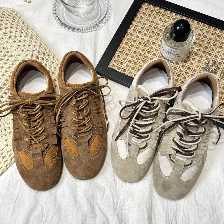 品质潮复古流苏德训鞋女2025新款牛皮平底系带休闲阿甘运动板鞋女