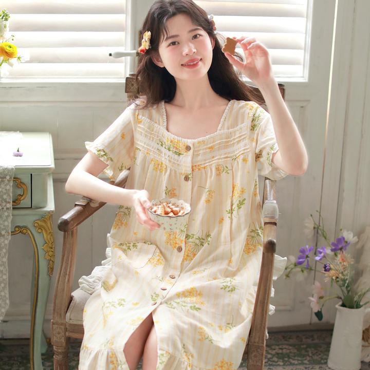 『茴香花』富朵夏季短袖哺乳睡裙住院待产裙纯棉纱布产前后家居裙