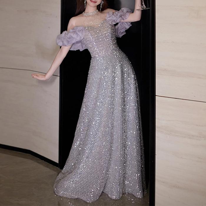 晚礼服紫色亮片高级感新娘结婚敬酒服宴会气质艺考高端挂脖长裙女