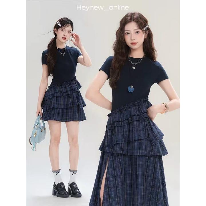 【年中清清】蓝色小众格纹背心连衣裙夏季气质收腰不规则裙子5C1396