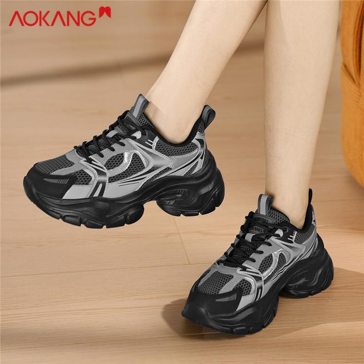 奥康增高冬季老爹鞋运动风网面时尚休闲鞋秋冬黑色百搭