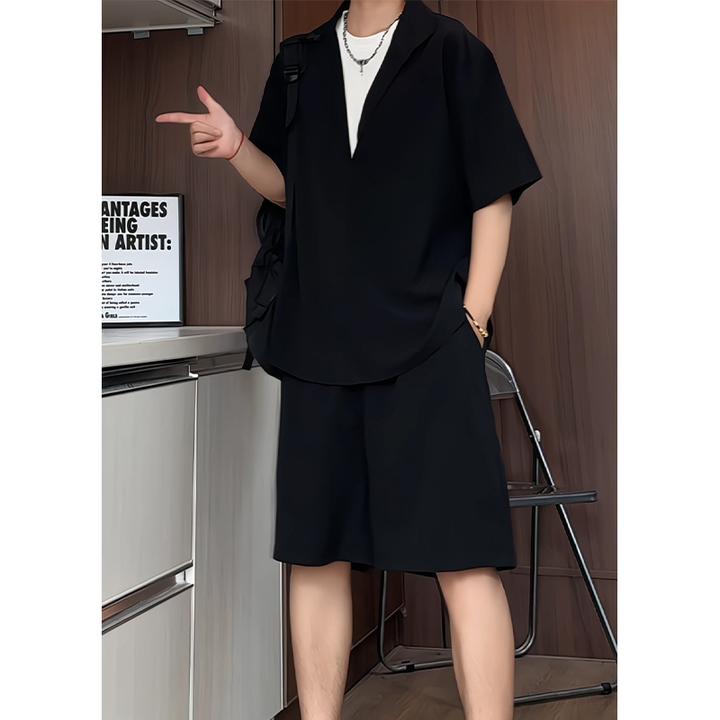 假两件衬衫短裤休闲套装男士夏季透气短袖小众纯色上衣裤子两件套