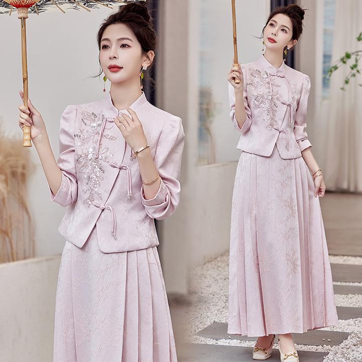 芷墨秋季新款设计感中式显瘦套装富家千金日常通勤外套裙子两件套