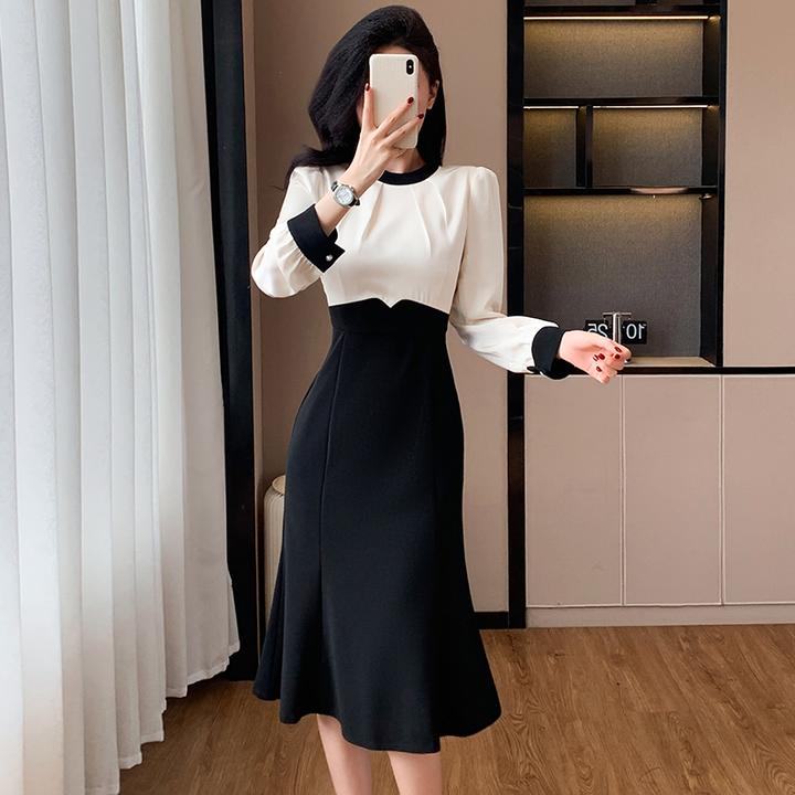 NJSHDGF实拍 春季法式高级感假两件包臀鱼尾裙女神范气质小香风连