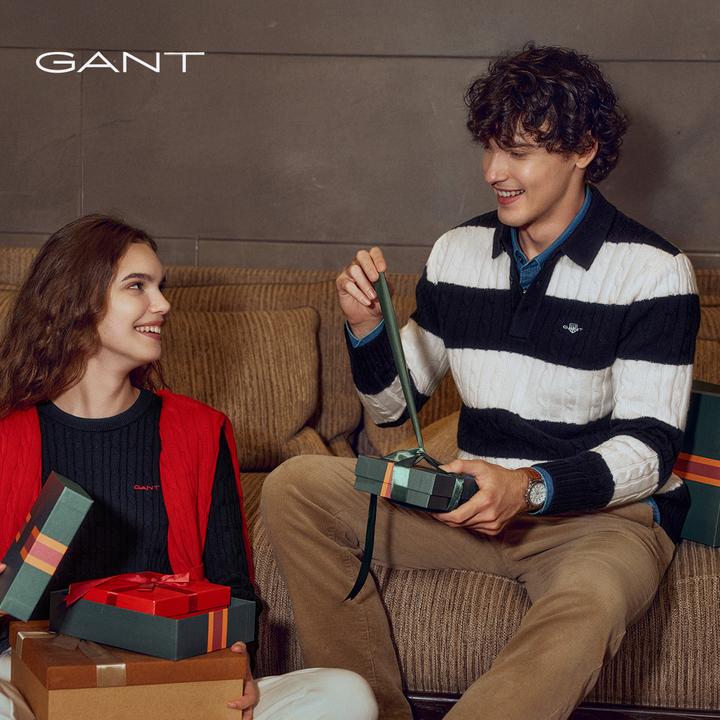 GANT/甘特25秋冬男士条纹毛衣绞花针织衫翻领美式休闲纯绵羊毛衫
