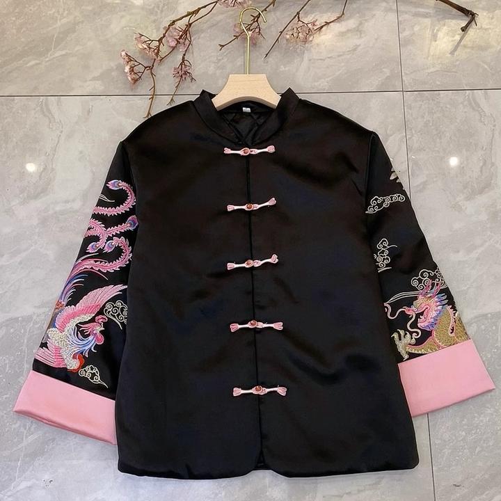 2024冬新款中式国风油皮料盘扣重工刺绣龙凤外套开衫绣花长袖棉服